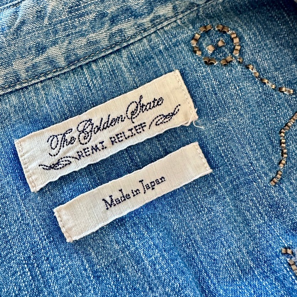 REMI RELIEF Distressed Embellished Denim Shirt - Picture 8 of 12